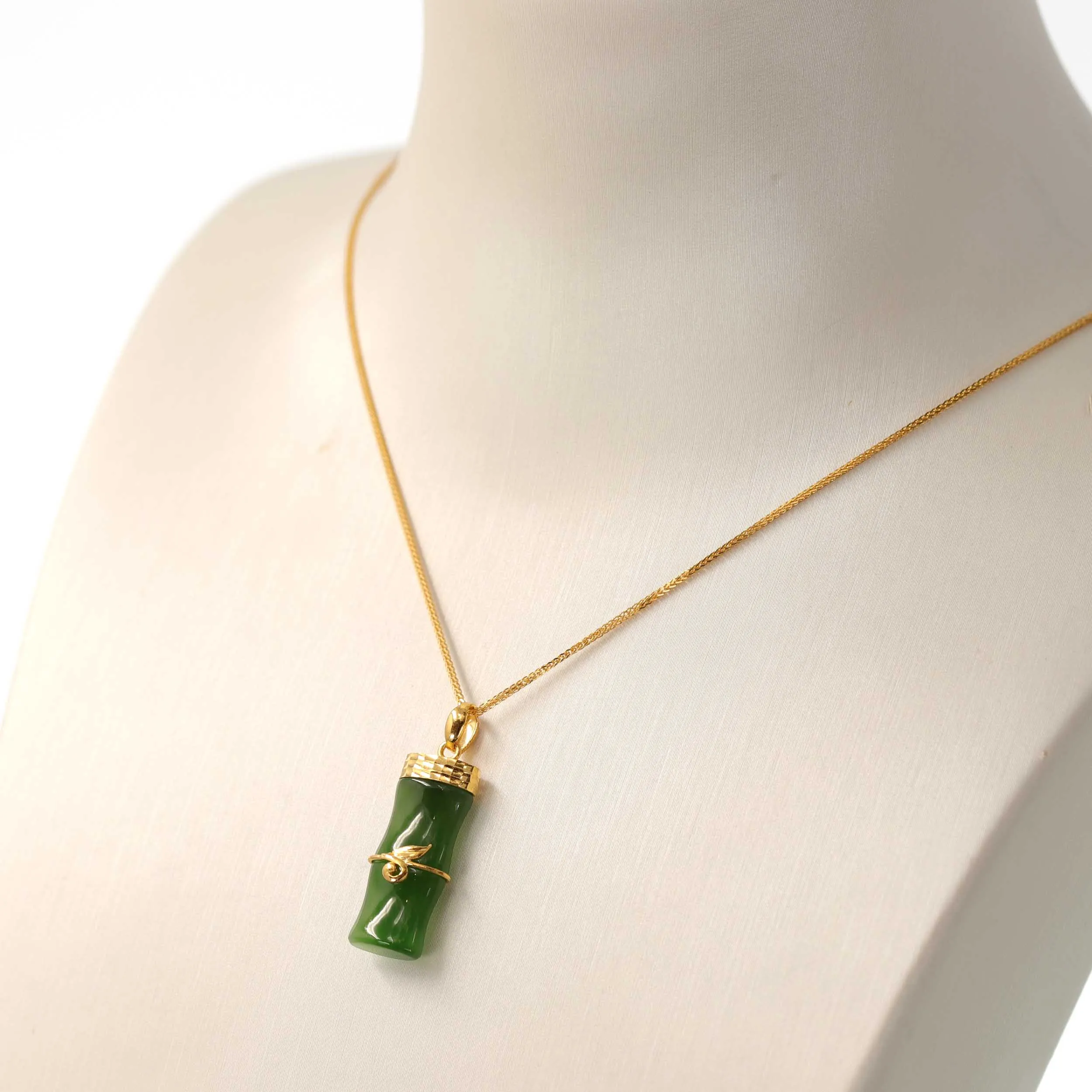 24k Yellow Gold Genuine Nephrite Apple Green Jade Bamboo Pendant Necklace
