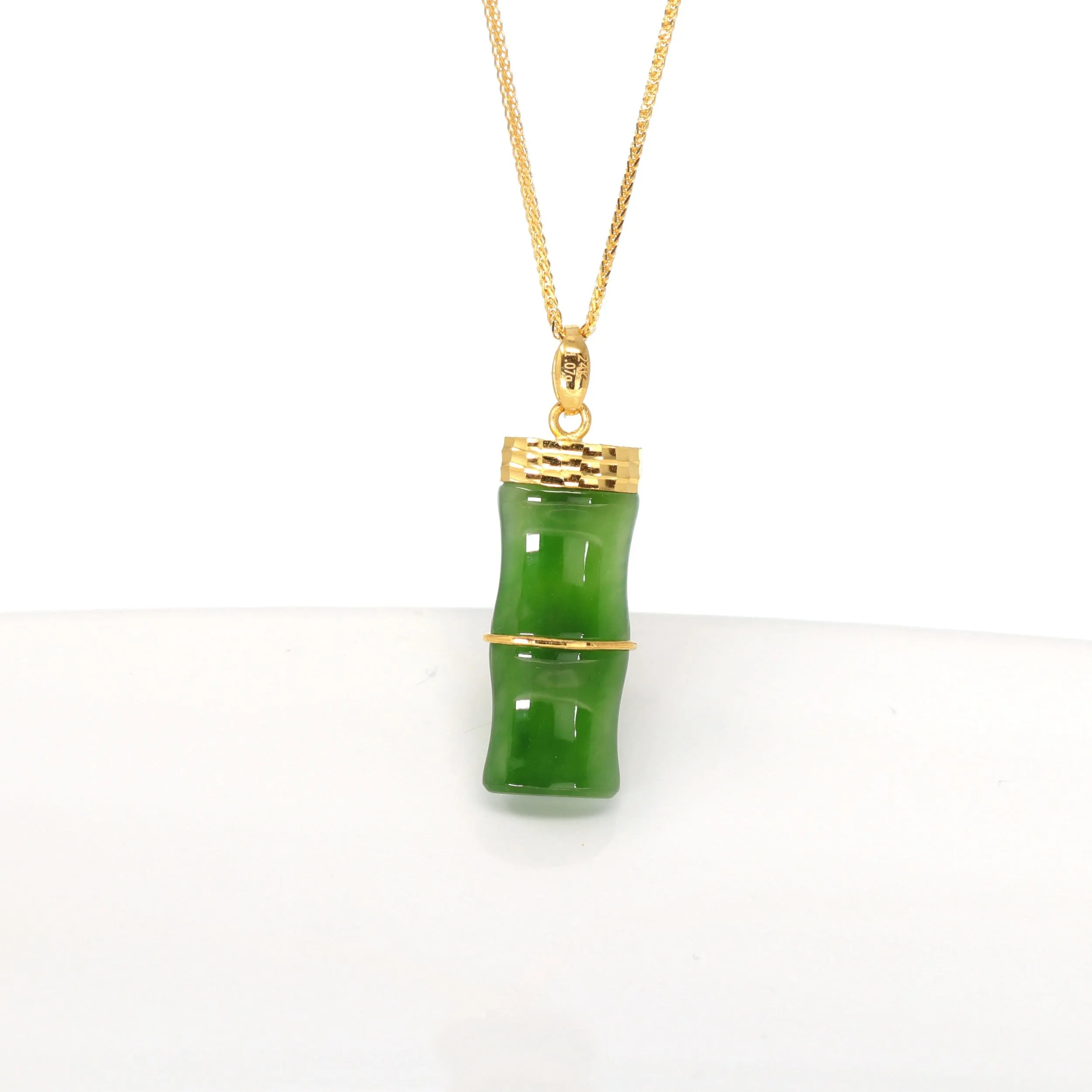 24k Yellow Gold Genuine Nephrite Apple Green Jade Bamboo Pendant Necklace