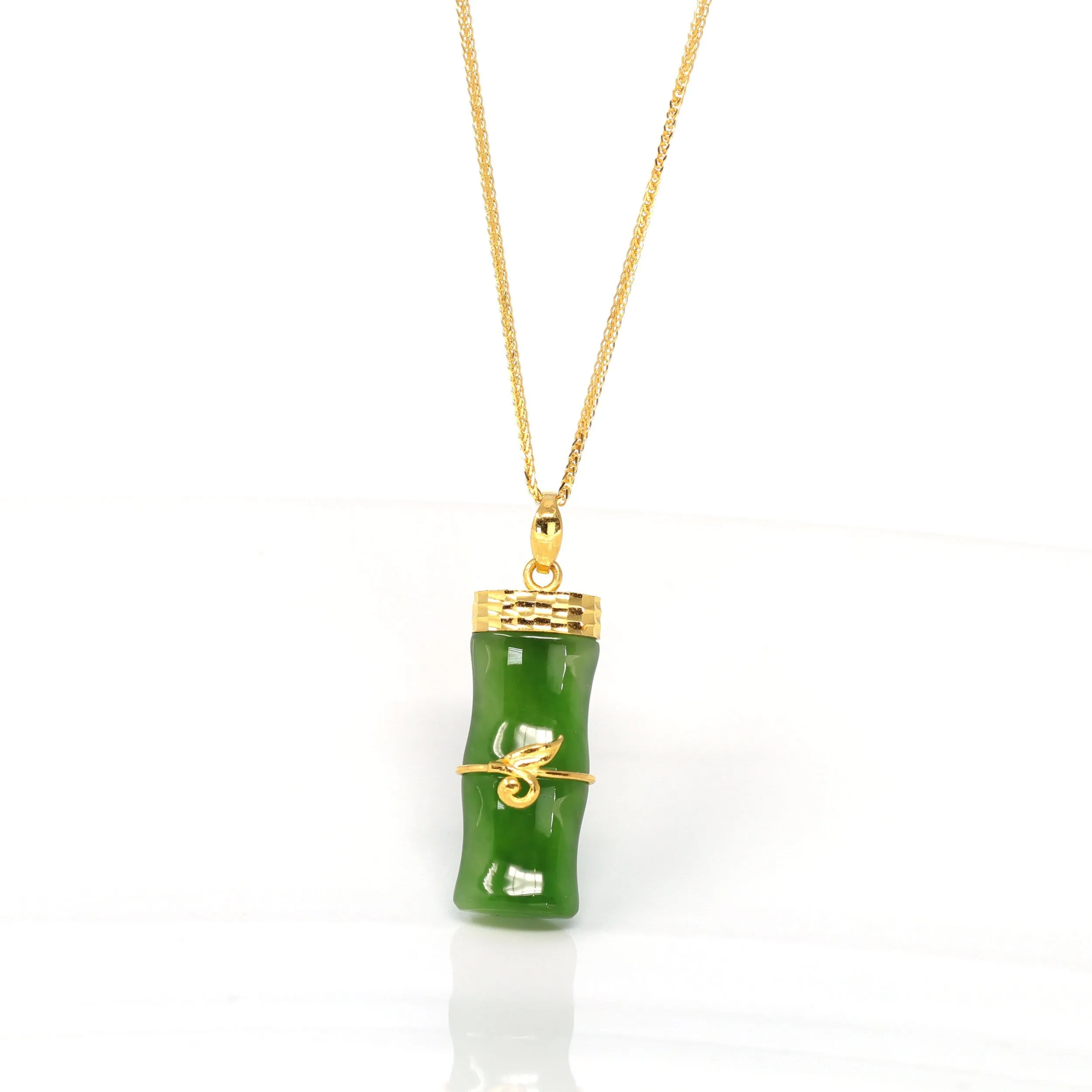 24k Yellow Gold Genuine Nephrite Apple Green Jade Bamboo Pendant Necklace