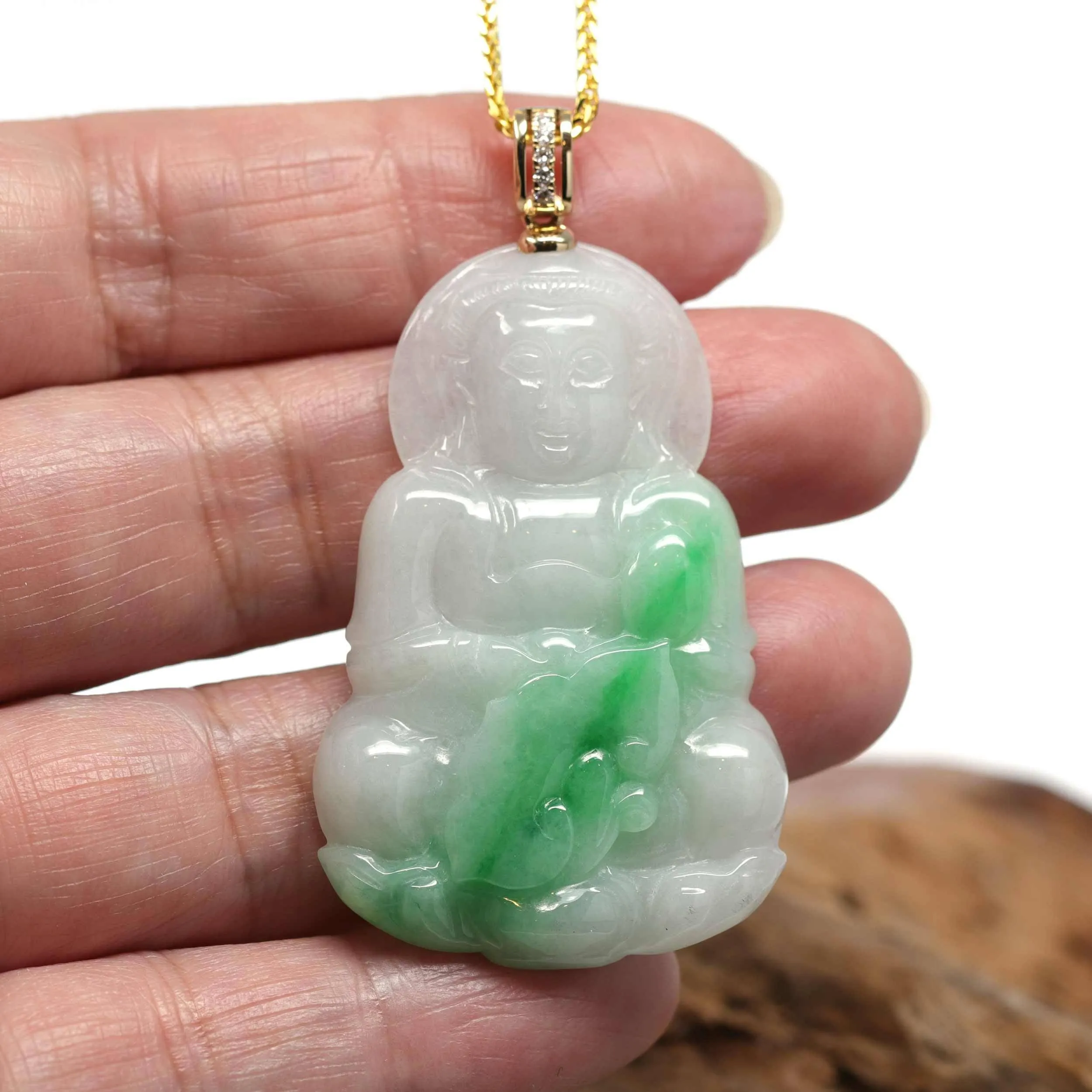 Baikalla 14k "Goddess of Compassion" Genuine Burmese Jadeite Jade Guanyin Necklace With Diamond Bail