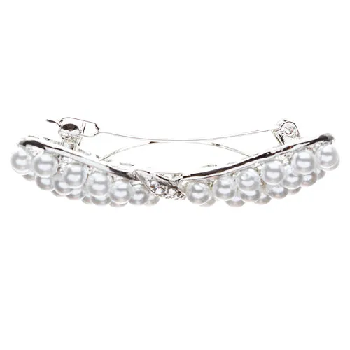 Bridal Wedding Jewelry Crystal Pearl Stunning Ribbon Bow Hair Barrette Silver