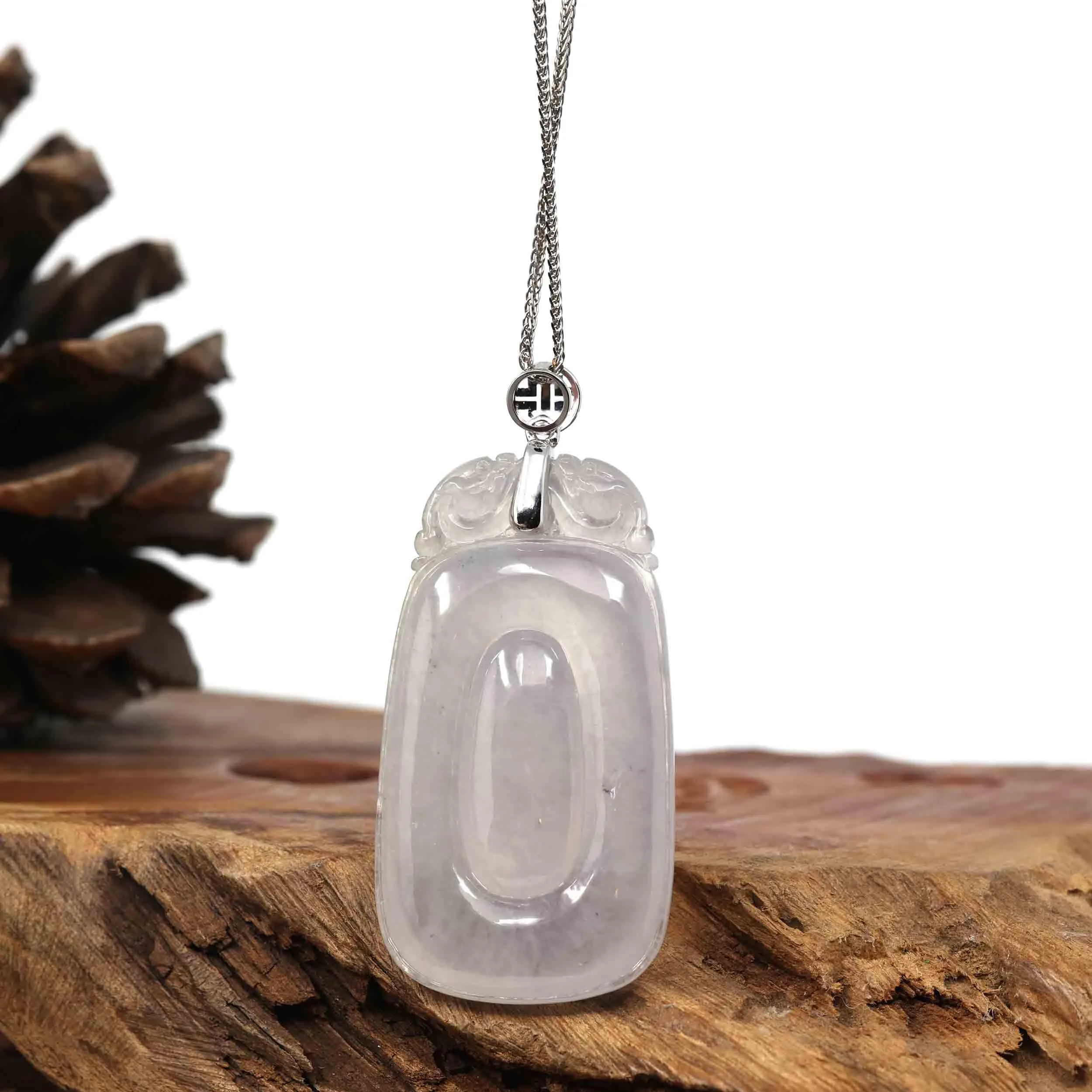 Genuine Ice White Jadeite Jade "Happiness in front of your eyes" Fu Zai Yan Qian Pendant Necklace With 14K White Gold Bail