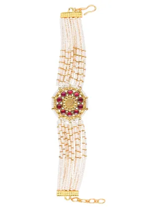Gold Finish Kundan Bracelet With Ruby Stone And Pearl In Mix Metal
