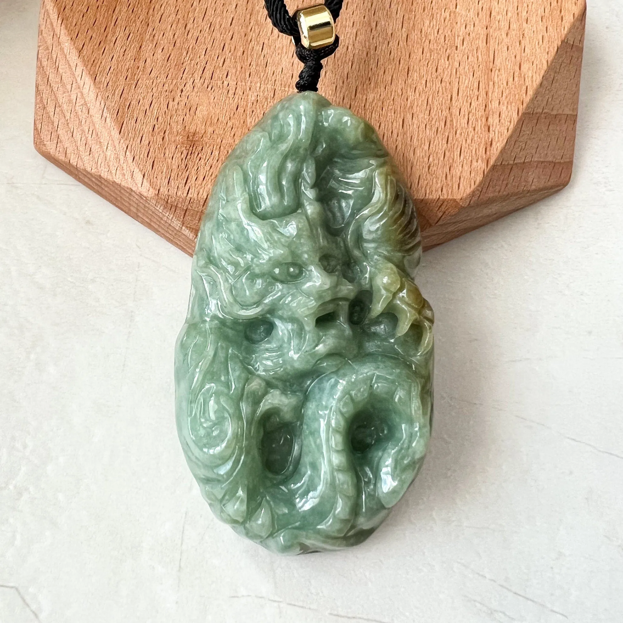 Green Jadeite Jade Dragon Chinese Zodiac Hand Carved Pendant Necklace, YJ-0622-0379830