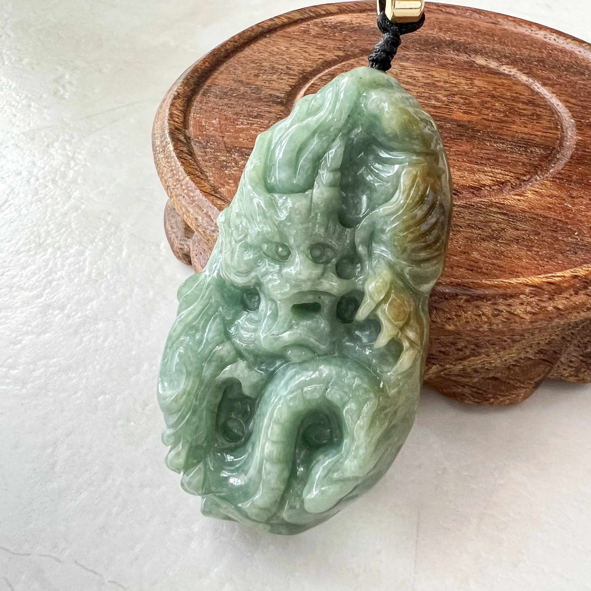 Green Jadeite Jade Dragon Chinese Zodiac Hand Carved Pendant Necklace, YJ-0622-0379830