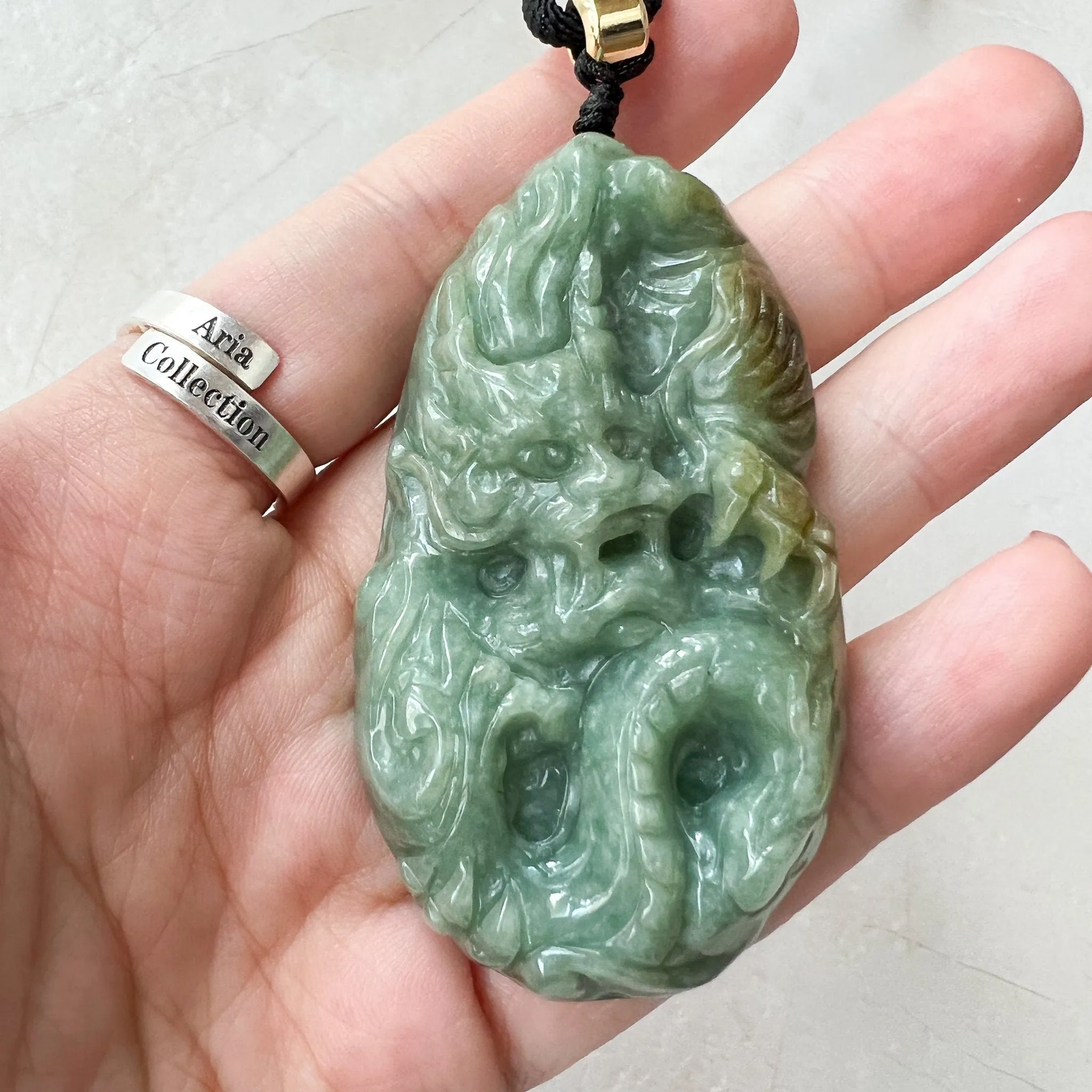 Green Jadeite Jade Dragon Chinese Zodiac Hand Carved Pendant Necklace, YJ-0622-0379830