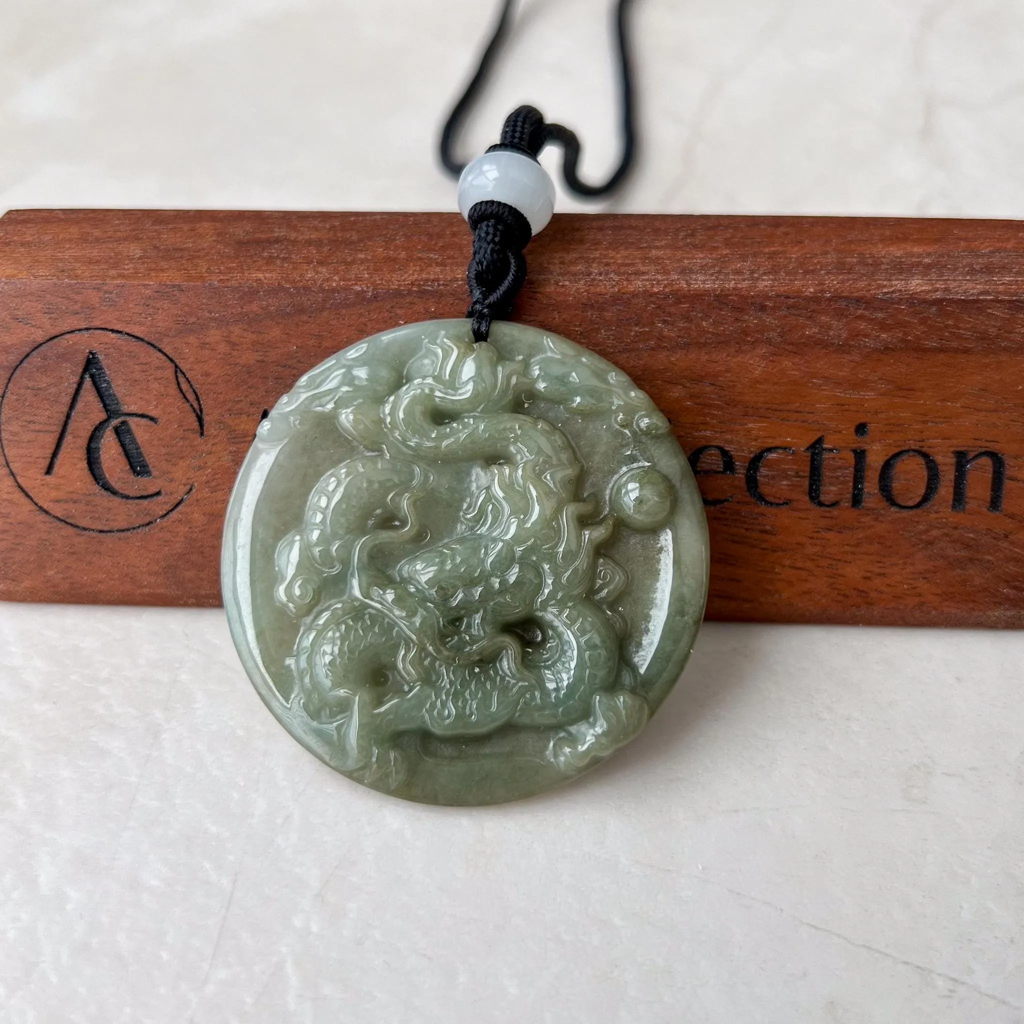 Green Jadeite Jade Dragon Chinese Zodiac Hand Carved Pendant Necklace, YJ-1022-0065393