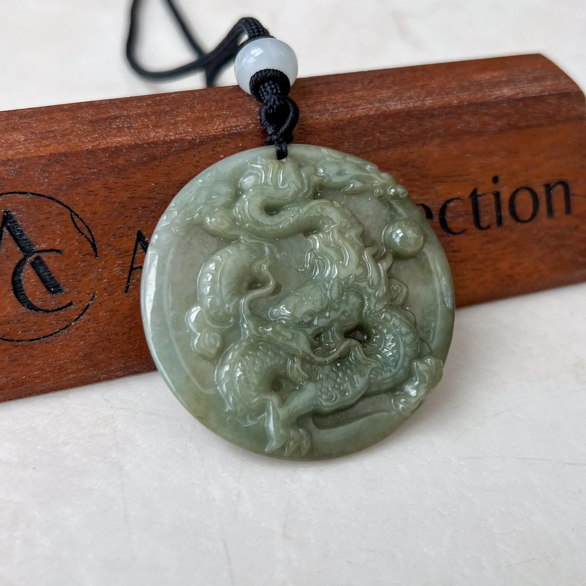 Green Jadeite Jade Dragon Chinese Zodiac Hand Carved Pendant Necklace, YJ-1022-0065393