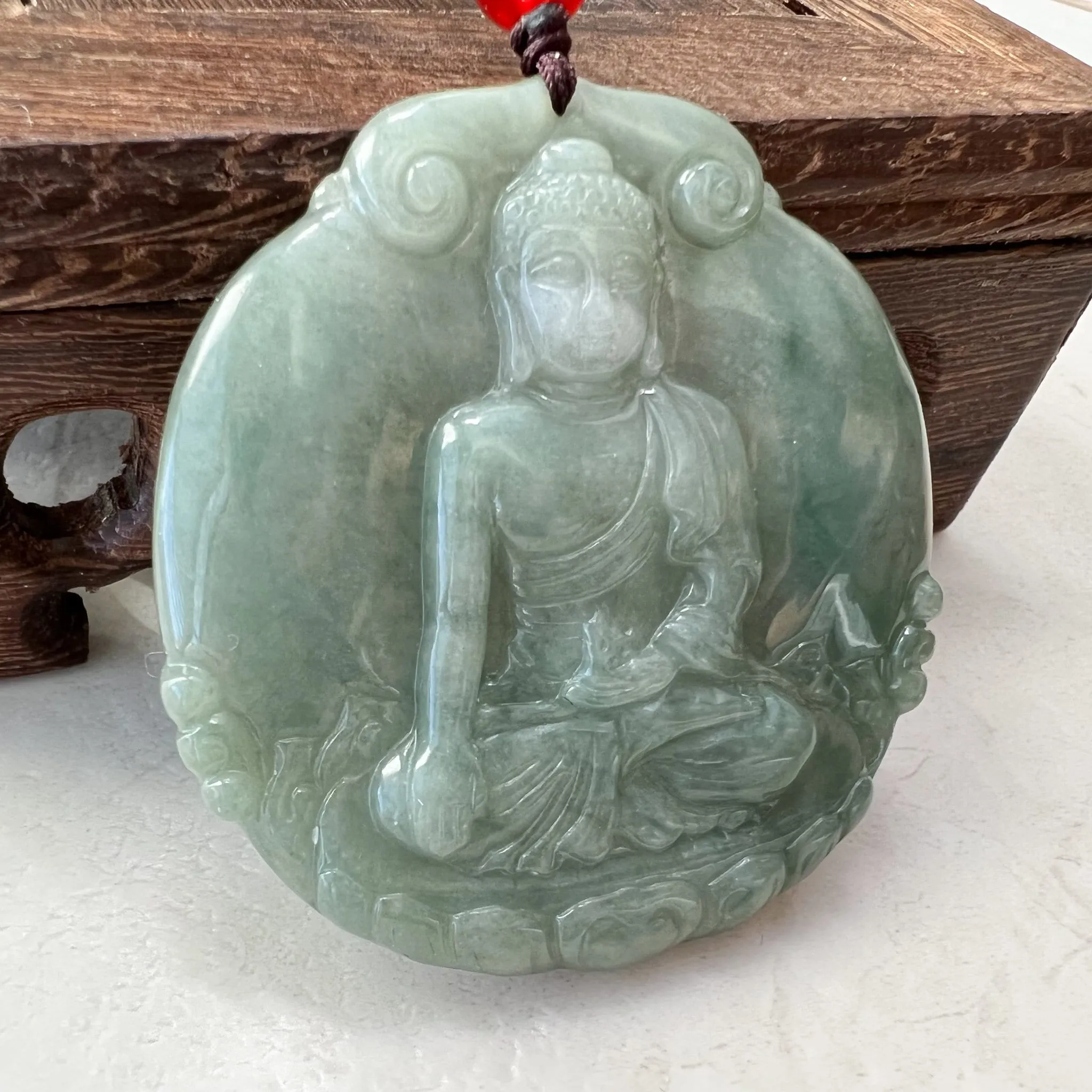 Jadeite Jade Amitabha Buddha Amita Amida Green Carved Pendant Necklace, YJ-1221-0279050-1