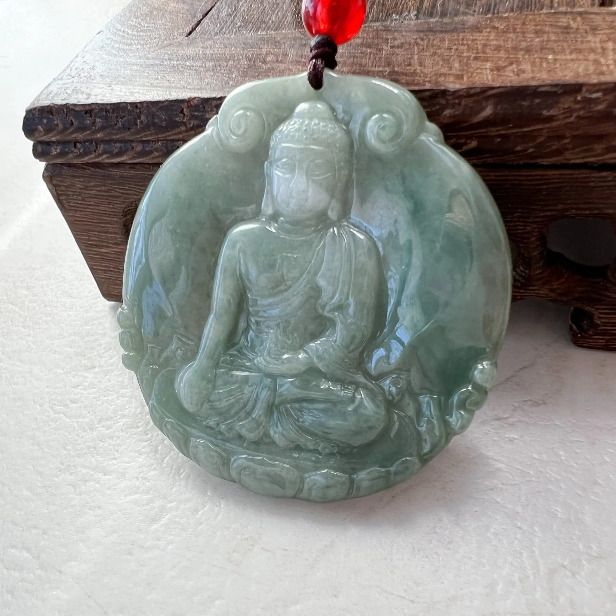 Jadeite Jade Amitabha Buddha Amita Amida Green Carved Pendant Necklace, YJ-1221-0279050-1