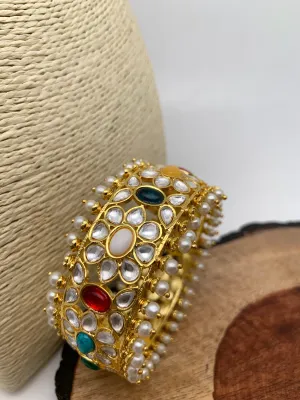 Kundan Navratan Stone Pearls Openable Kada Bangle