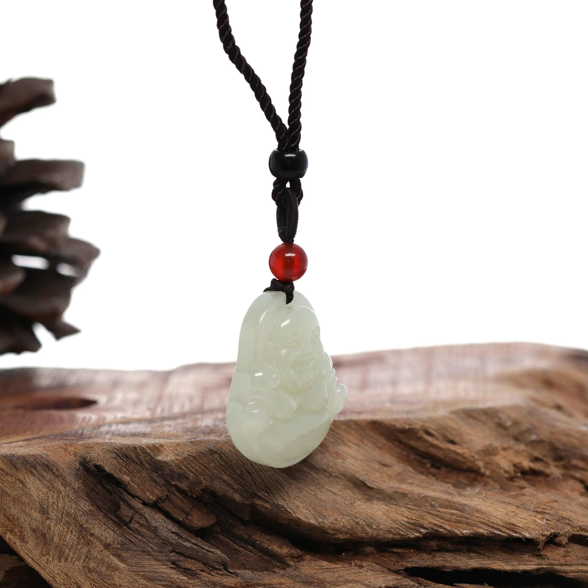 "Laughing Buddha" Genuine White Jade Pendant Necklace